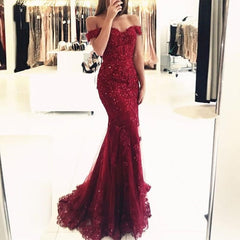 Off Shoulder Dark Red Lace Beaded Evening Mermaid Prom Dresses, Long Sexy Party Prom Dress, Custom Long Prom Dresses, Cheap Formal Prom Dresses,BD62354