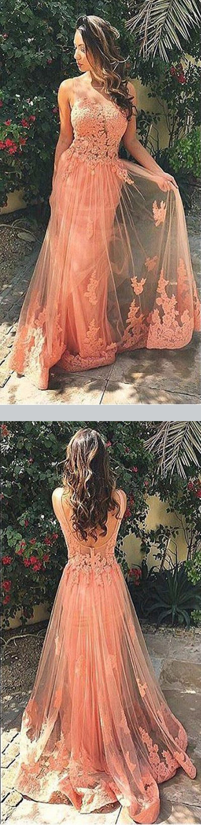 Save Peach A Line Sweep Train Sheer Neck Sleeveless Backless Appliques Prom Dress,Formal Dresses,BD45620