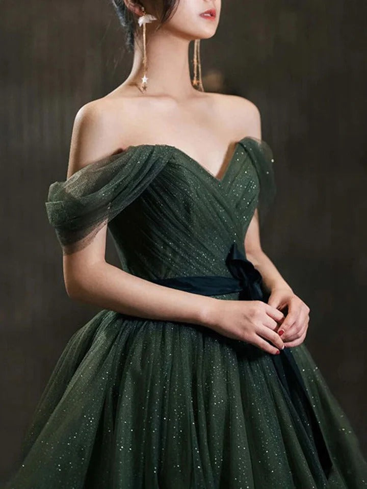 Green sweetheart neck tulle long prom dress, green tulle formal evening dress,BD22269