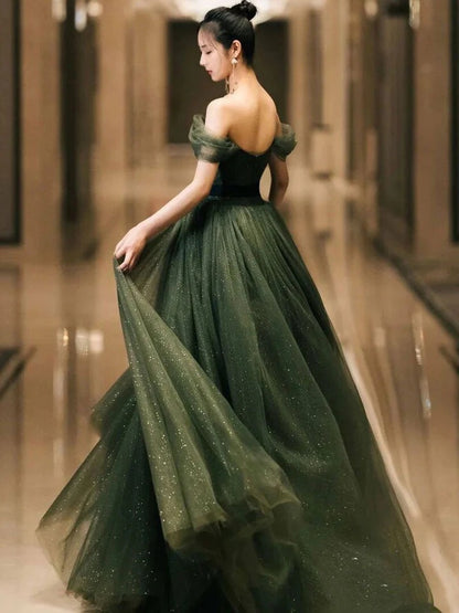 Green sweetheart neck tulle long prom dress, green tulle formal evening dress,BD22269