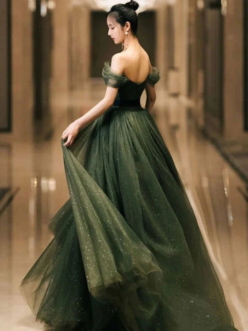 Green sweetheart neck tulle long prom dress, green tulle formal evening dress,BD22269