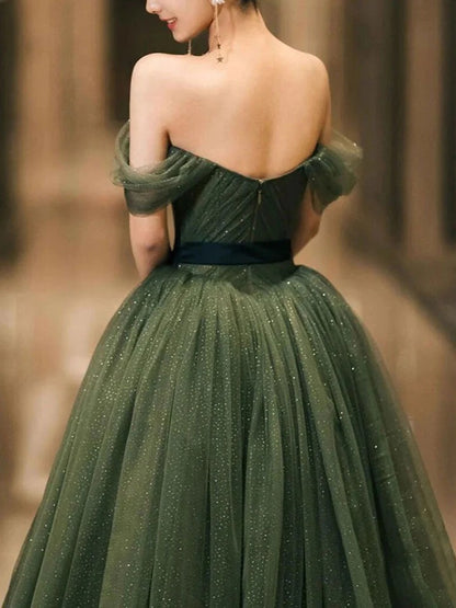 Green sweetheart neck tulle long prom dress, green tulle formal evening dress,BD22269