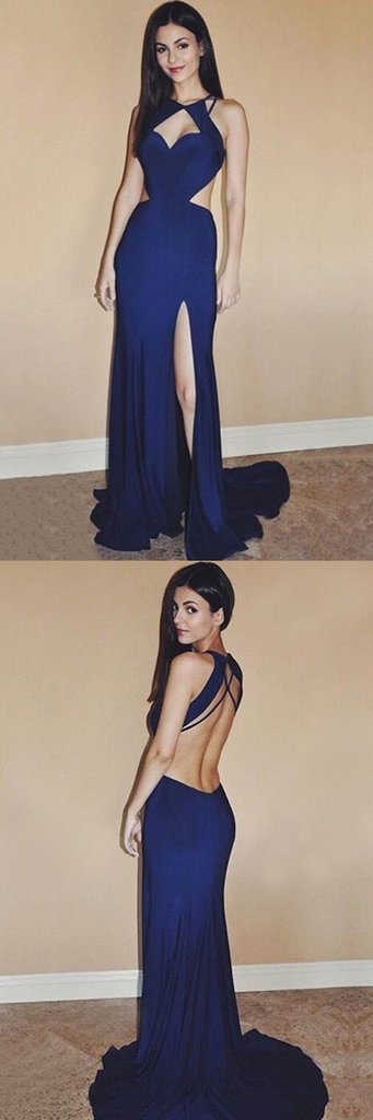 Sexy blue chiffon slit long backless evening dress,long prom dresses,BD03215