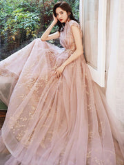 Aline round neck tulle pink long prom dresses, pink formal party graduation dress with sequin beading,BD22202