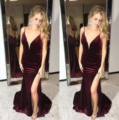 dark burgundy long mermaid prom dress with side slit formal evening dress, PD4542