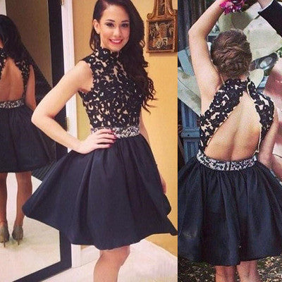 short Homecoming dress,homecoming Dress for girls,black Prom Dresses,high neck prom dress,BD614