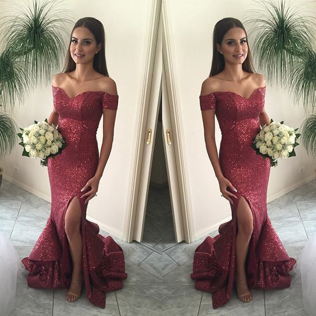 Sequin prom Dress,Charming Prom Dresses,Red prom Dress,Off shoulder prom dress,Evening dress,BD060