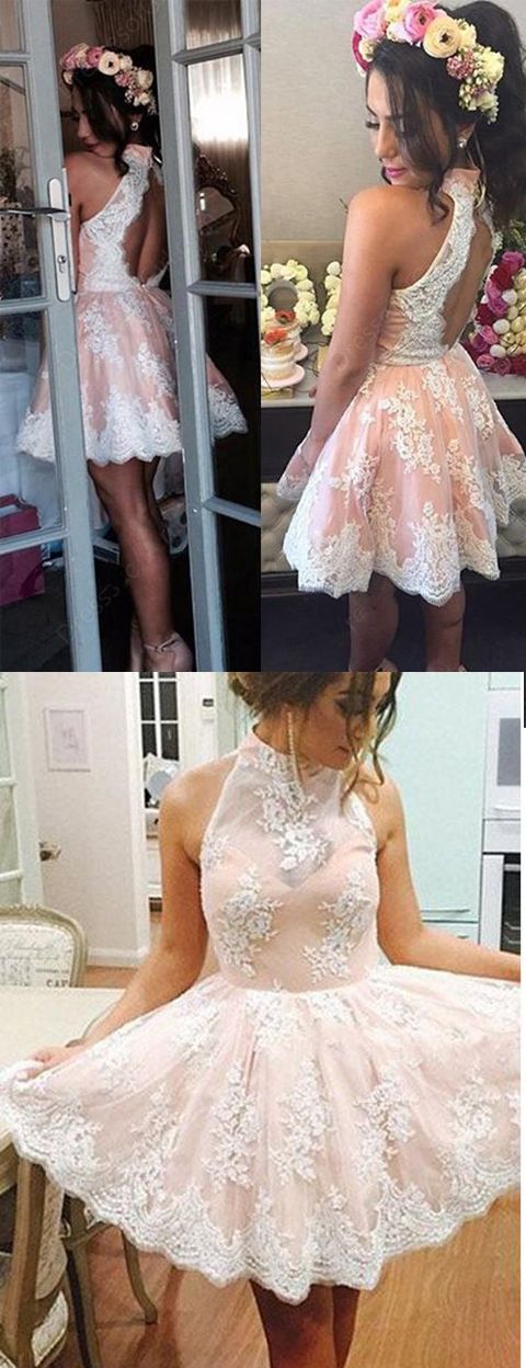 High Neck Light Pink Lace Back O Short Prom Dresses Party Homecoming Dress,PD455828