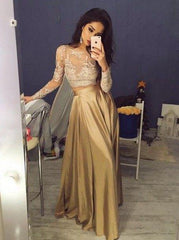 gold prom dress, long prom dress, lace sleeves evening gown, formal prom dress, two pieces evening dress 2018, BD267