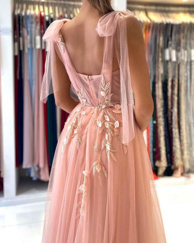 Princess Tulle Coral Pink Split Appliques Lace A-Line Prom Dresses,BD22190