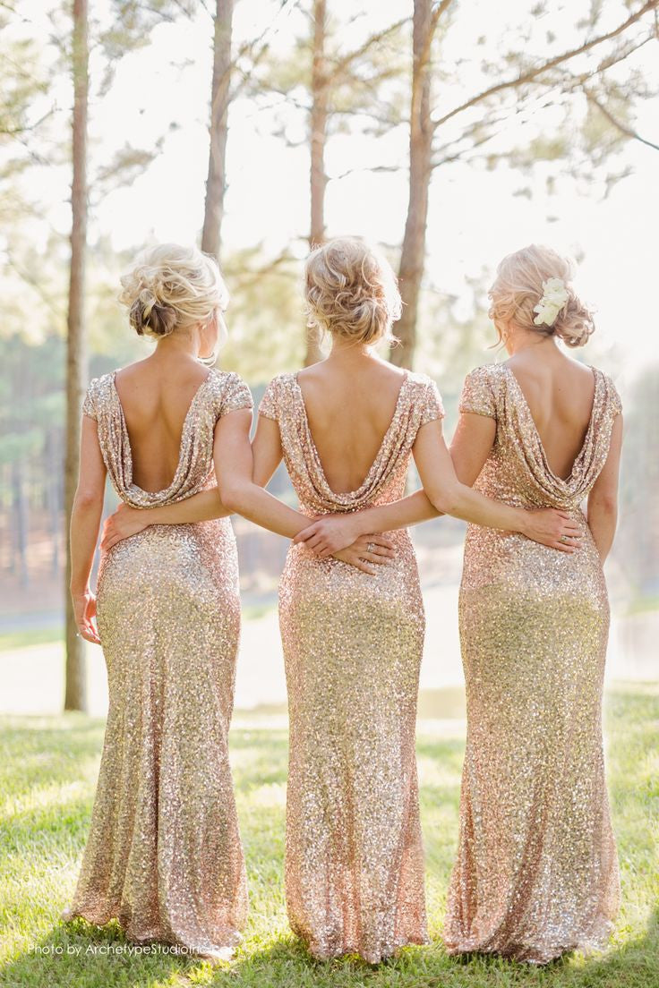 Gold Sequin bridesmaid dress,long bridesmaid dress,Short Sleeves bridesmaid dress,Open Back bridesmaid dress,BD005