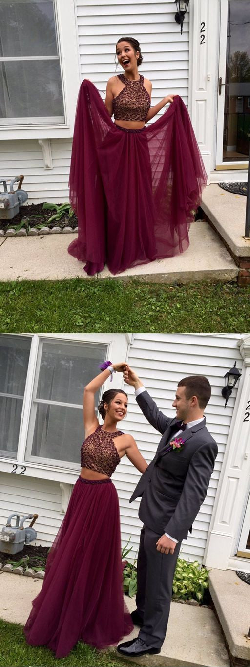 Halter Prom Dresses, Two Pieces Prom Dress,Burgundy Prom Dresses,Cheap Prom Dress,Off-shoulder Prom Dresses,PD00215