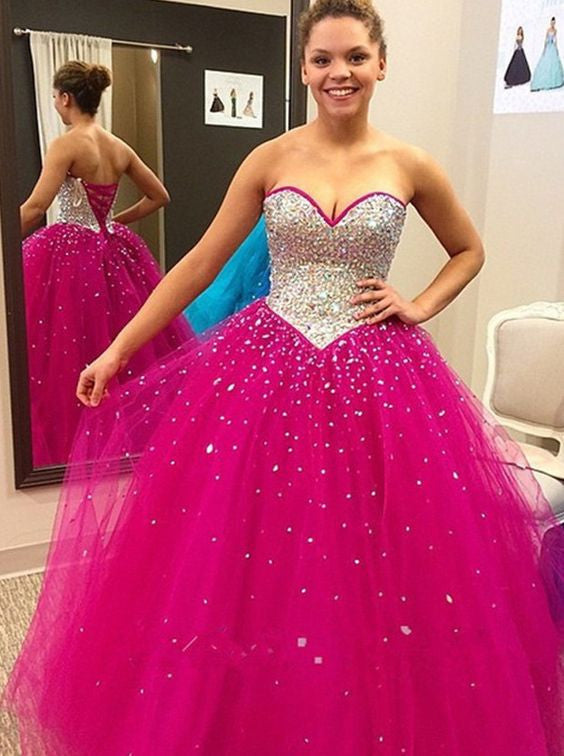 hot pink prom dress,sweetheart prom dress,long prom dress,rhinestones evening gown,BD2612