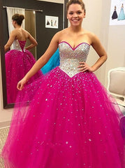 hot pink prom dress,sweetheart prom dress,long prom dress,rhinestones evening gown,BD2612