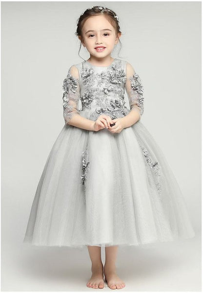 Light Grey Flower Girl Dresses, Long Sleeves Little Girl Dress, Girl's Party Dress, FD020