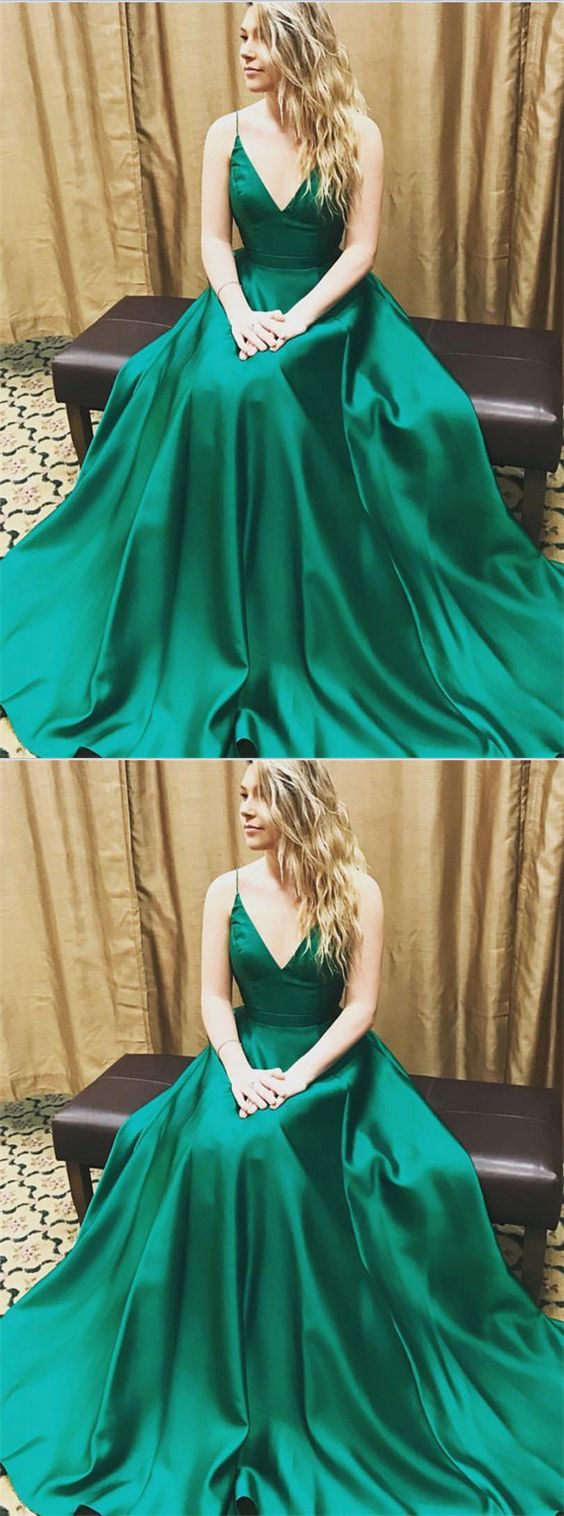 Green PromD resses,V-neck,Spaghetti,Long,Elegant,Simple,Cheap,A-line,Charming,Handmade,Prom Dresses,BD25923