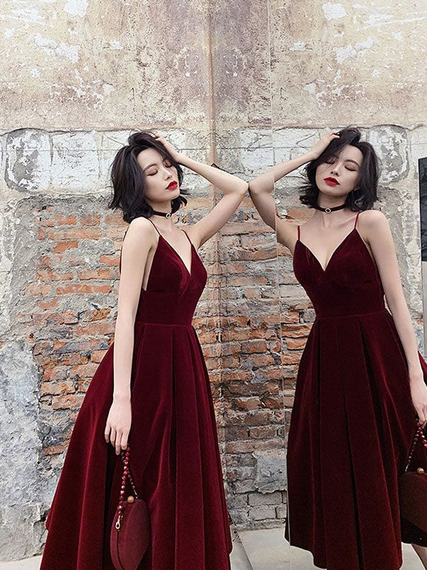 Simple v neck burgundy velvet prom dress, velvet evening dress,BD22266