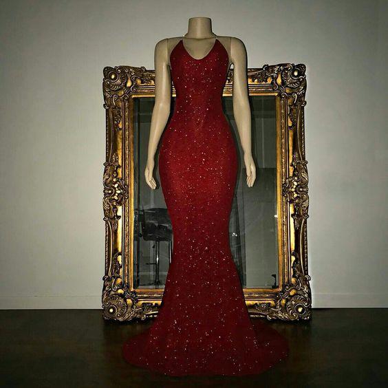 burgundy sparkle spaghetti straps long mermaid evening dress,BO71