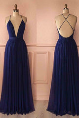 Simple Prom Dress,Blue Prom Dress,V Neck Prom Dress,Backless Evening Dress,Long Prom Dresses,BD450213