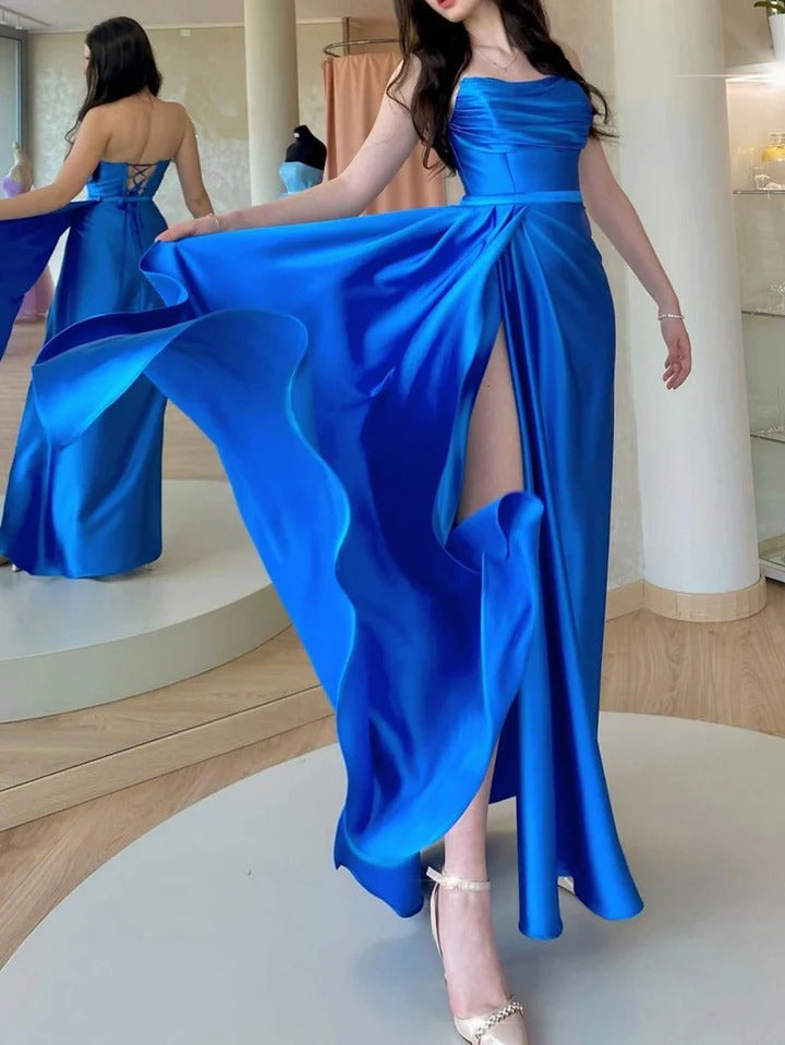 Blue satin long prom dress blue evening dress,BD22241