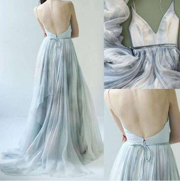 Spaghetti Straps Fluffy Skirt Unique Design Grey Long Prom Dress,HO94