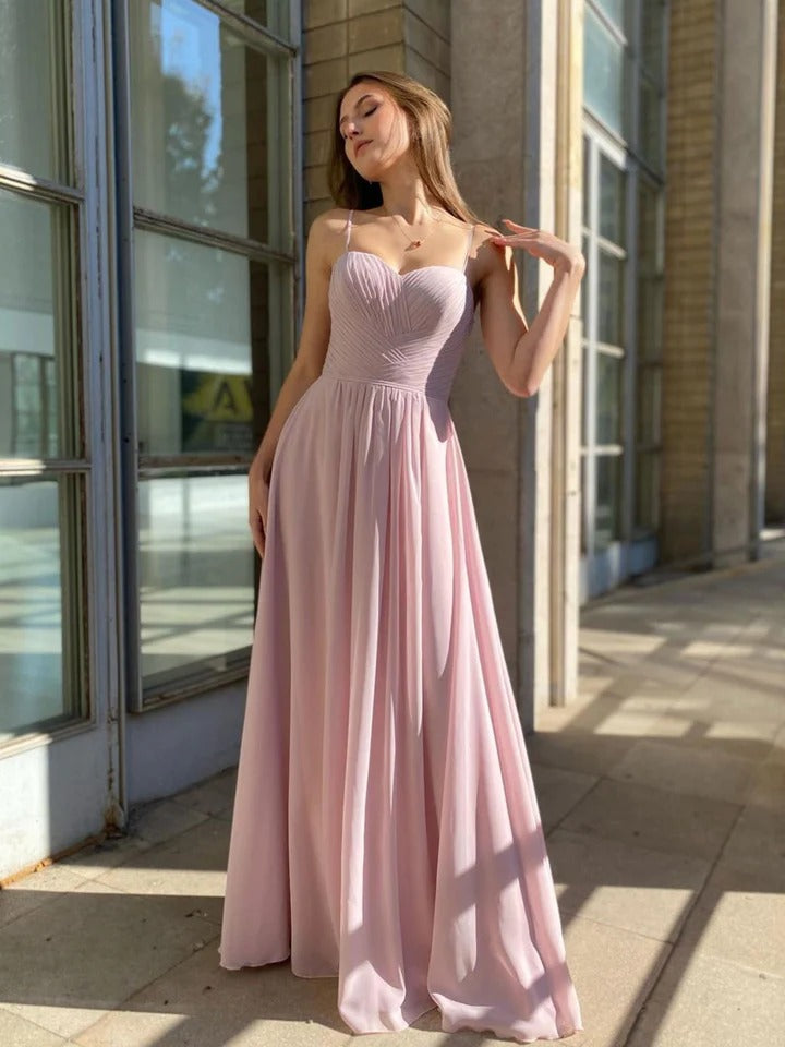 Pink chiffon sweetheart neck long prom dress, pink bridesmaid dress,BD22255