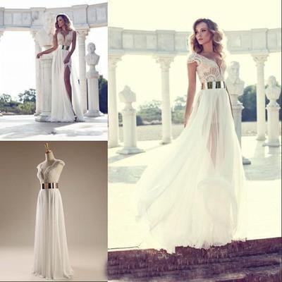 Cap Sleeves Sexy V-neck Side Slit Wedding Party Dresses Popular prom dresses online BD22054