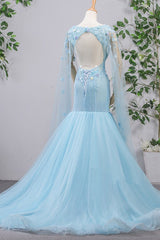 Bright Blue Tulle V Neck Long Sleeve Mermaid 3D Lace Applique Evening Dress, Prom Dress, BH91218