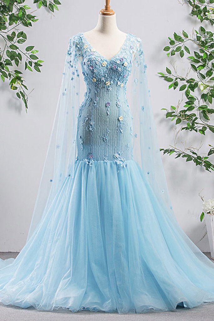 Bright Blue Tulle V Neck Long Sleeve Mermaid 3D Lace Applique Evening Dress, Prom Dress, BH91218