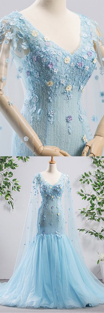 Bright Blue Tulle V Neck Long Sleeve Mermaid 3D Lace Applique Evening Dress, Prom Dress, BH91218