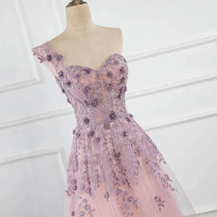 One Shoulder Tulle Sleeveless Long Prom Dresses Lace Appliques Beaded Formal Girl Party Gown,BD22043