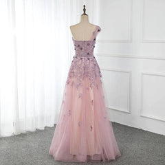 One Shoulder Tulle Sleeveless Long Prom Dresses Lace Appliques Beaded Formal Girl Party Gown,BD22043