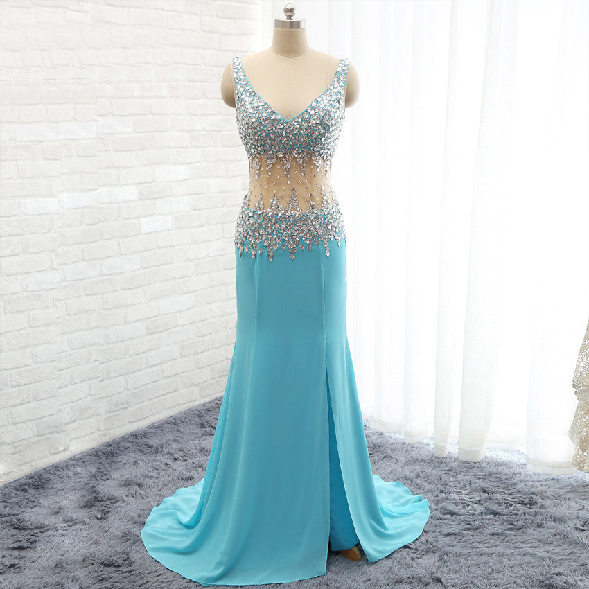 long prom dress,charming Prom Dress,blue prom dress,side slit prom dress,formal evening dress,BD1276