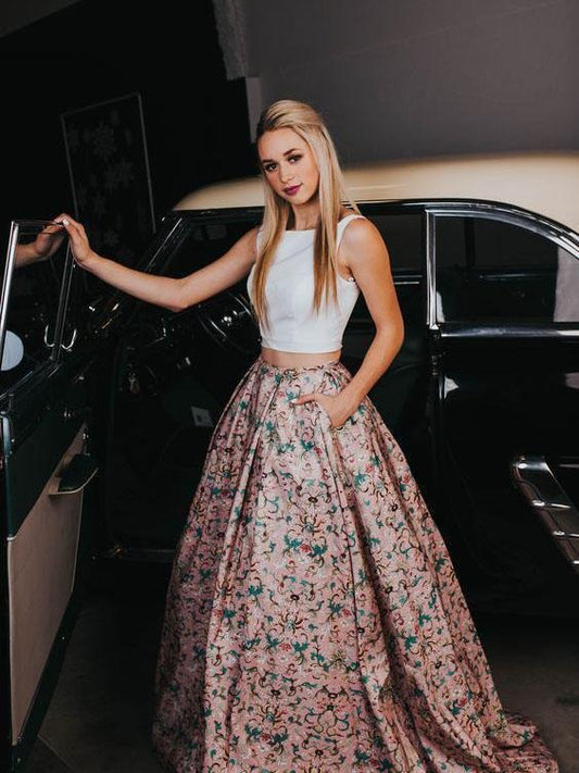 A Line Two Piece Floral Print Beautiful Prom Dresses With Pockets Evening Dresses,BD22018