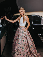 A Line Two Piece Floral Print Beautiful Prom Dresses With Pockets Evening Dresses,BD22018