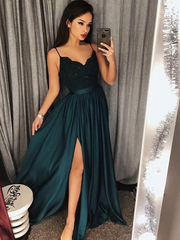 Cheap Teal Spaghetti Straps Side Slit Simple Long Prom Dress, BO12