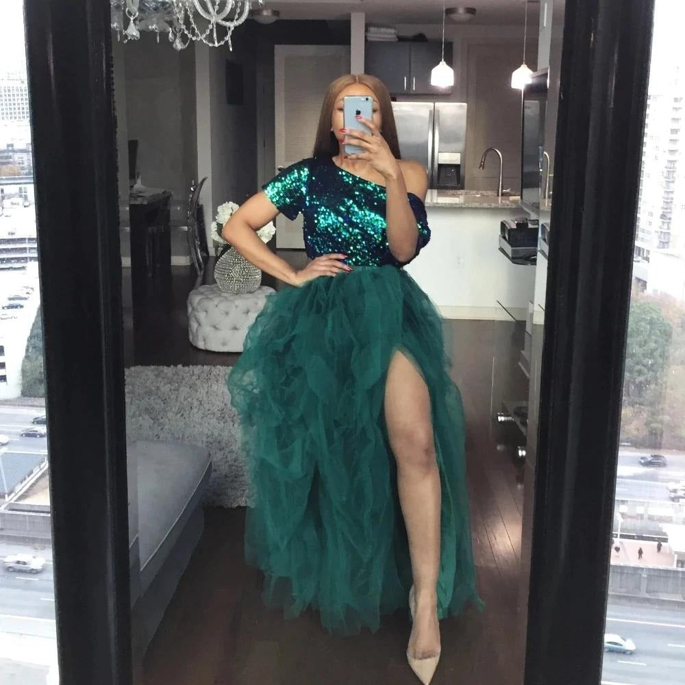 High Slit Tulle Puffy A Line Prom Dresses Forest Green Long Ruffles Party Gown,BD22036