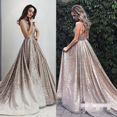 Sparkle Champagne A-line Chic Charming Long Prom Dress,HO92