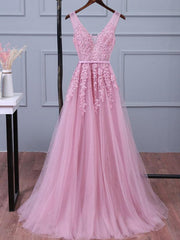 Prom Dresses Appliques V-neck Long Tulle Prom Dresses,Evening Dresses,PD4558708