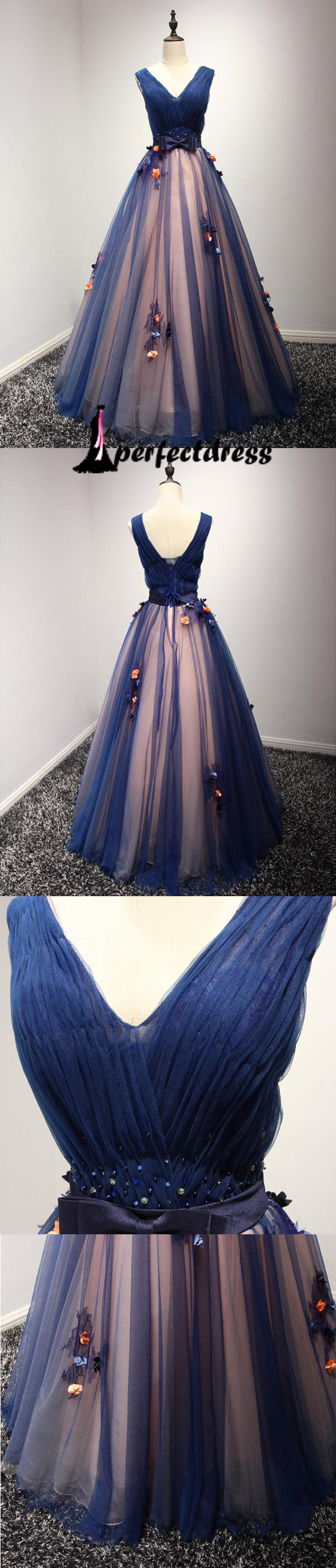 Blue sweetheart neck tulle long prom gown, blue sweet 16 dresses,PD4558916