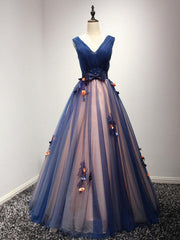 Blue sweetheart neck tulle long prom gown, blue sweet 16 dresses,PD4558916