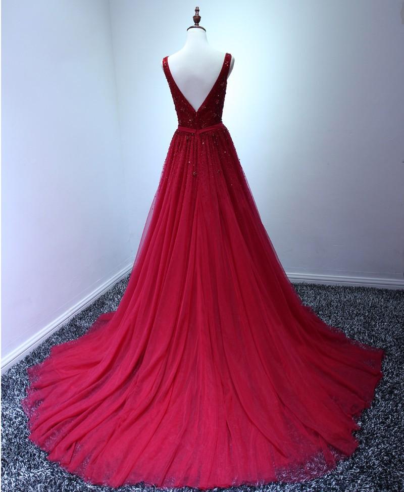 Beautiful Prom Dresses, V-neck Train Beading Long Prom Dresses,PD4558753