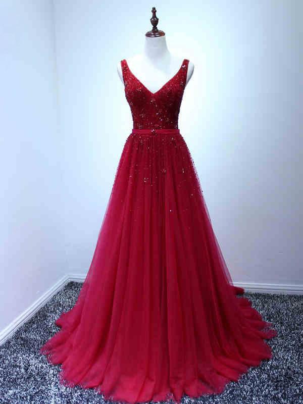 Beautiful Prom Dresses, V-neck Train Beading Long Prom Dresses,PD4558753