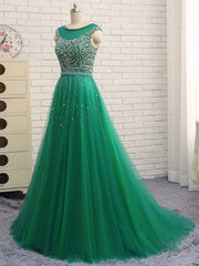 Hunter Green Prom Dresses A-line Short Train Tulle Long Prom Dress,PD4558923