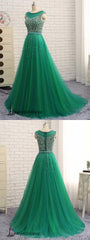 Hunter Green Prom Dresses A-line Short Train Tulle Long Prom Dress,PD4558923