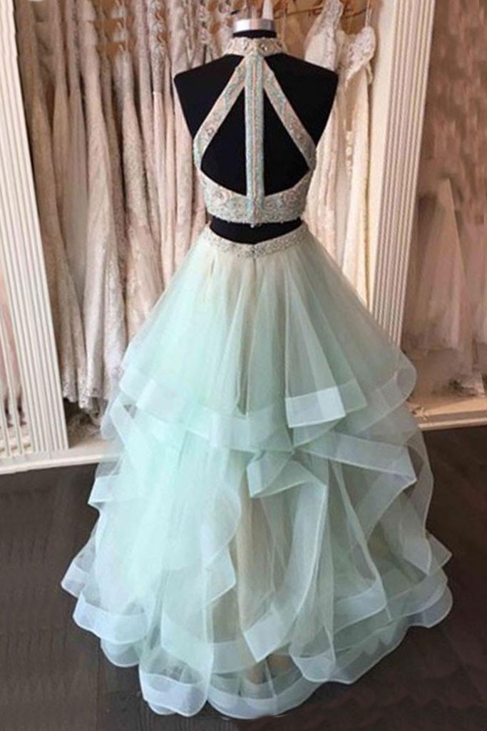 Two Piece Prom Dresses, High Neck Sage Long Sexy Prom Dresses,PD4558739