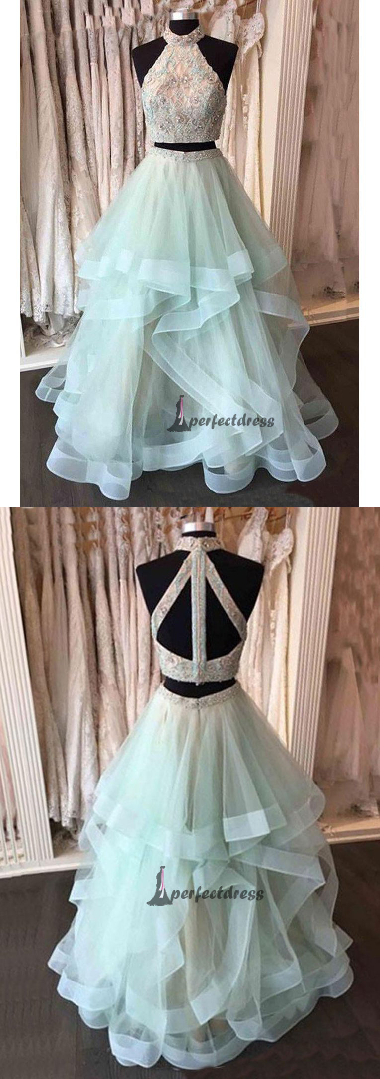 Two Piece Prom Dresses, High Neck Sage Long Sexy Prom Dresses,PD4558739