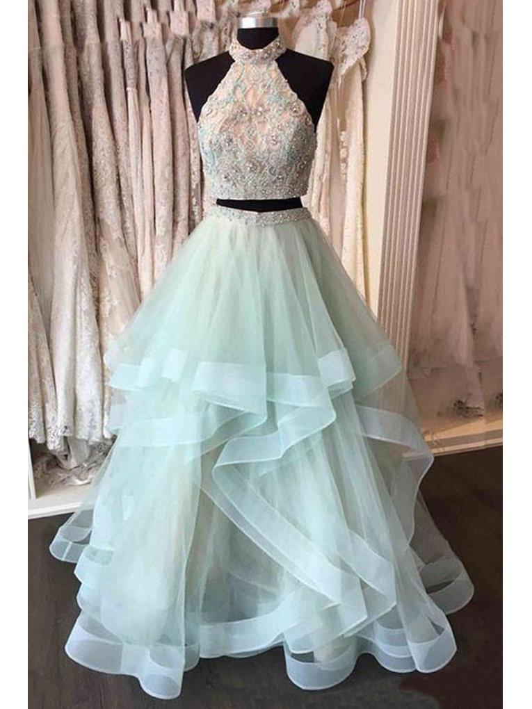 Two Piece Prom Dresses, High Neck Sage Long Sexy Prom Dresses,PD4558739