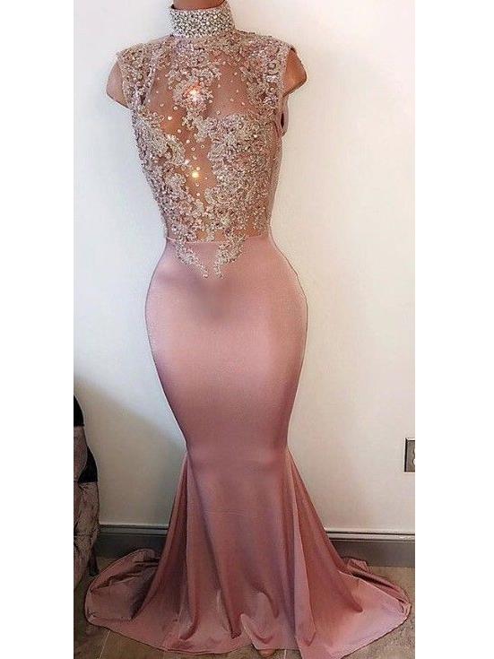 Sexy Prom Dresses, Elastic Woven Satin Trumpet,Mermaid Pink Prom Dresses,PD4558735