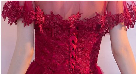 Beautiful Prom Dresses, Asymmetrical Sweetheart Lace Burgundy Prom Dresses,PD4558741